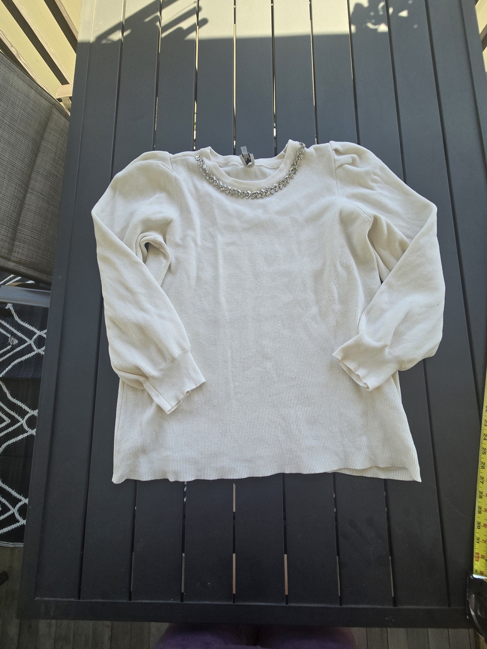 Ann Klein Embellished Crew Neck Ribbed Sweater With Puff Sleeves Sz XL